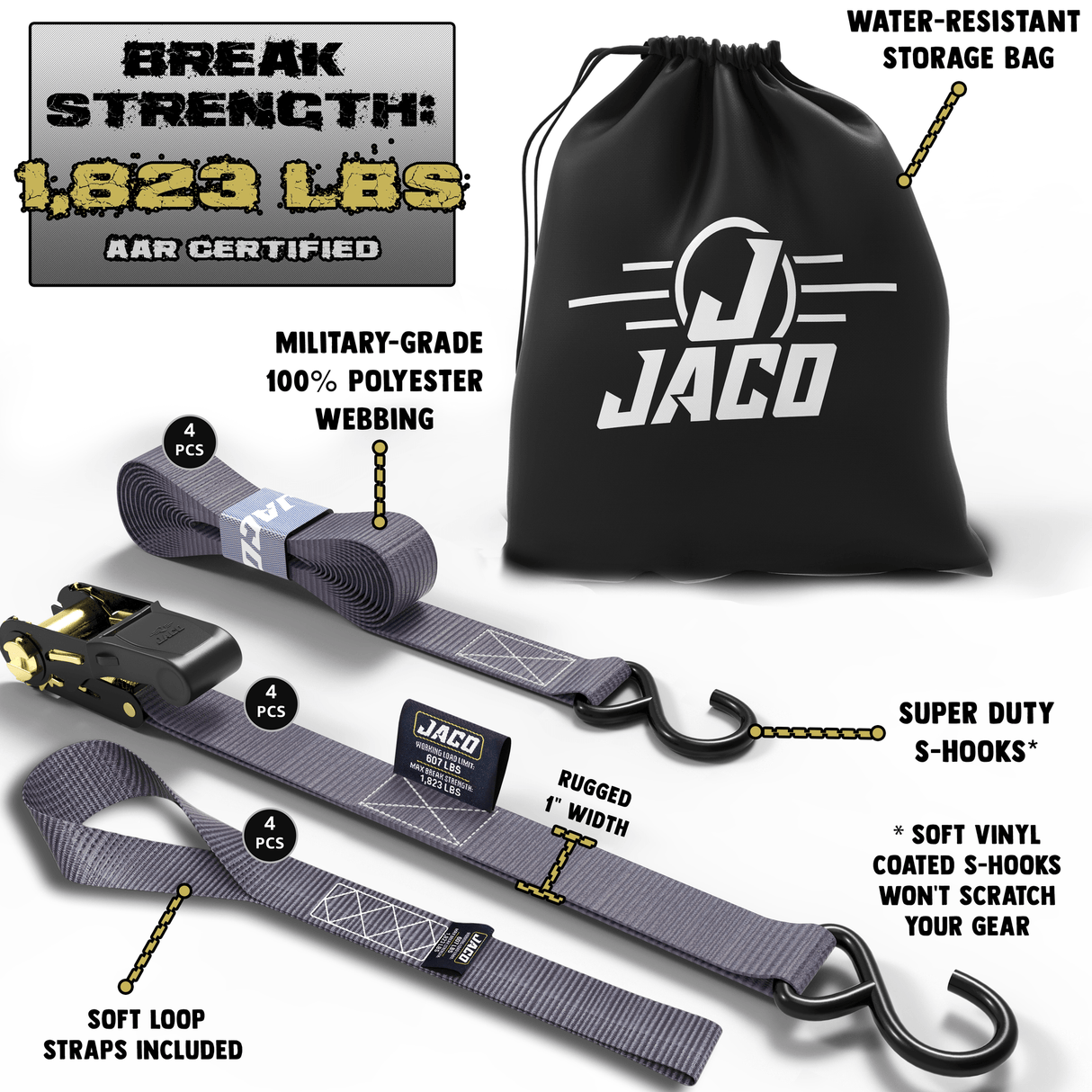 Tie Down Ratchet Straps (4 Pack) - 1 in x 15 ft | AAR Certified Break Strength (1,823 lbs) | Cargo Tie Down Set - Magnadyne
