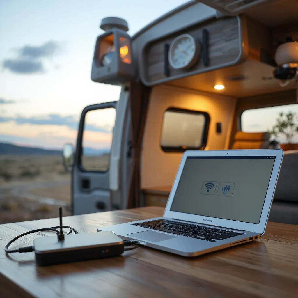 Laptop inside an RV connected to a portable Wi-Fi router with a compact roof antenna visible