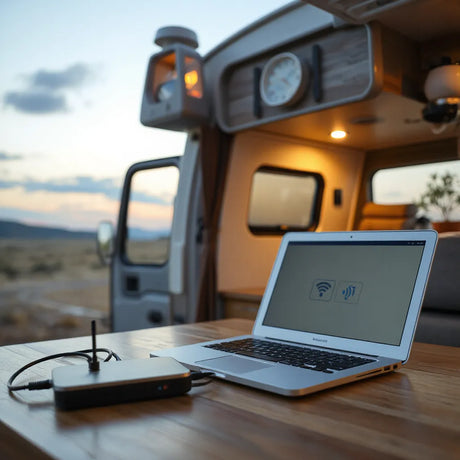 Laptop inside an RV connected to a portable Wi-Fi router with a compact roof antenna visible