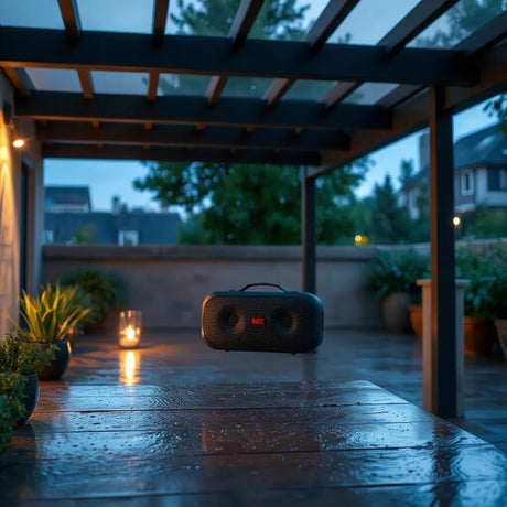 Pair of compact water-resistant speakers mounted outdoors under soft lights with light rain in the background