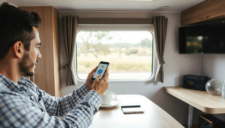RV interior with a traveler holding a smartphone near a mounted internet connectivity device