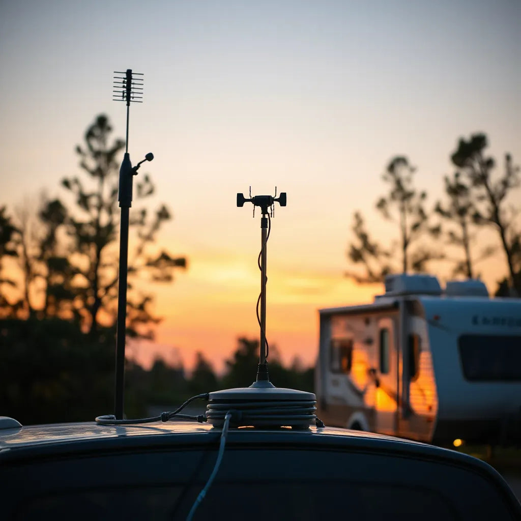 RV roof with TV and AM/FM antennas providing clearer broadcast reception