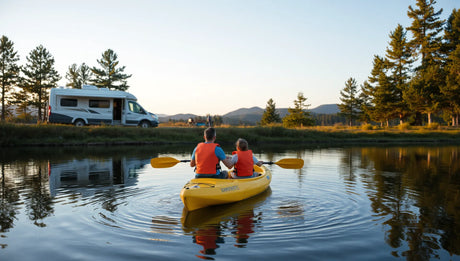 Family kayaking on a calm lake near an RV campsite with life jackets and a scenic shoreline