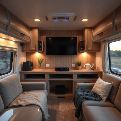Mounted RV speakers and a compact audio unit in a warm, modern RV living area