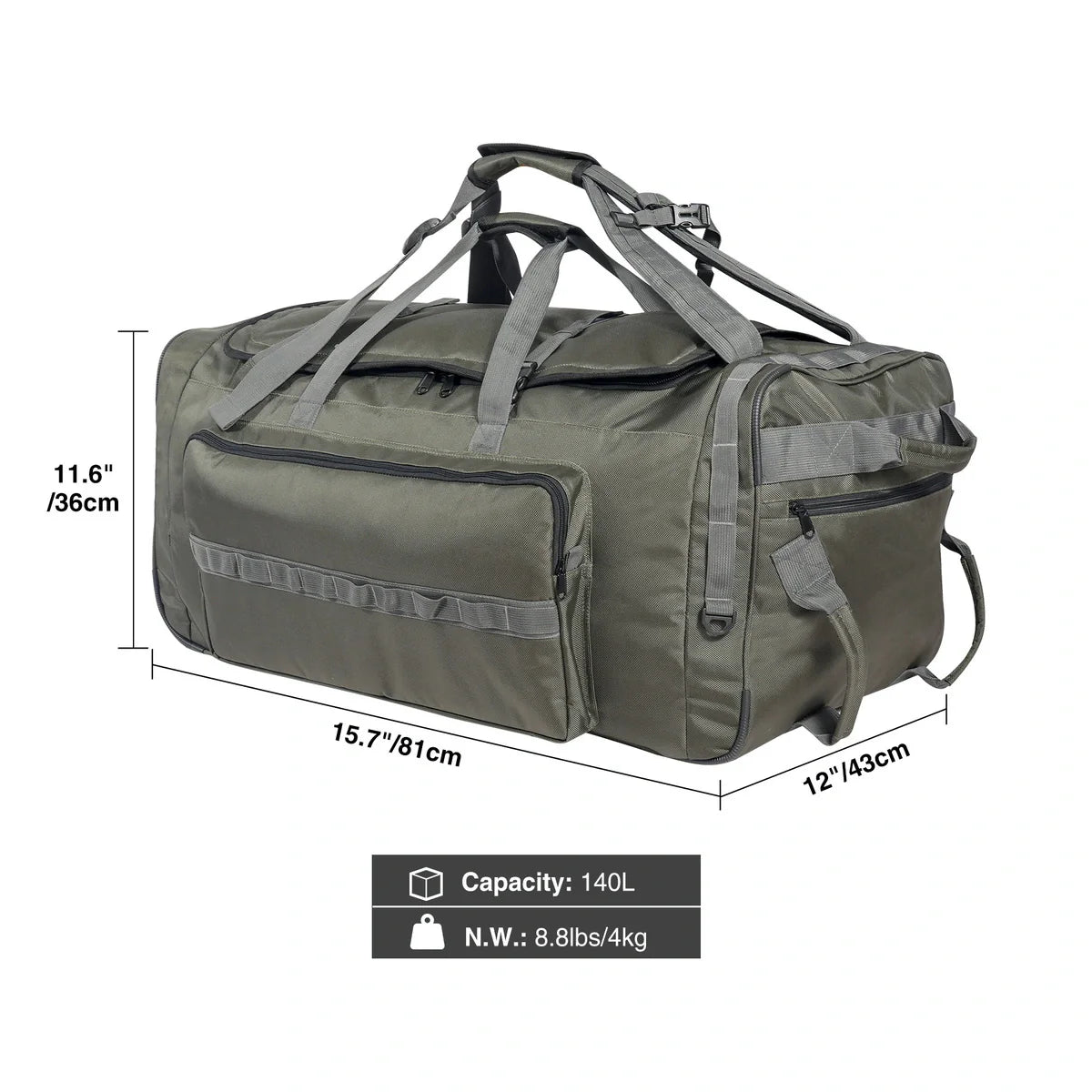 140L Tactical Duffle Bag with Wheels and Backpack Straps - Magnadyne