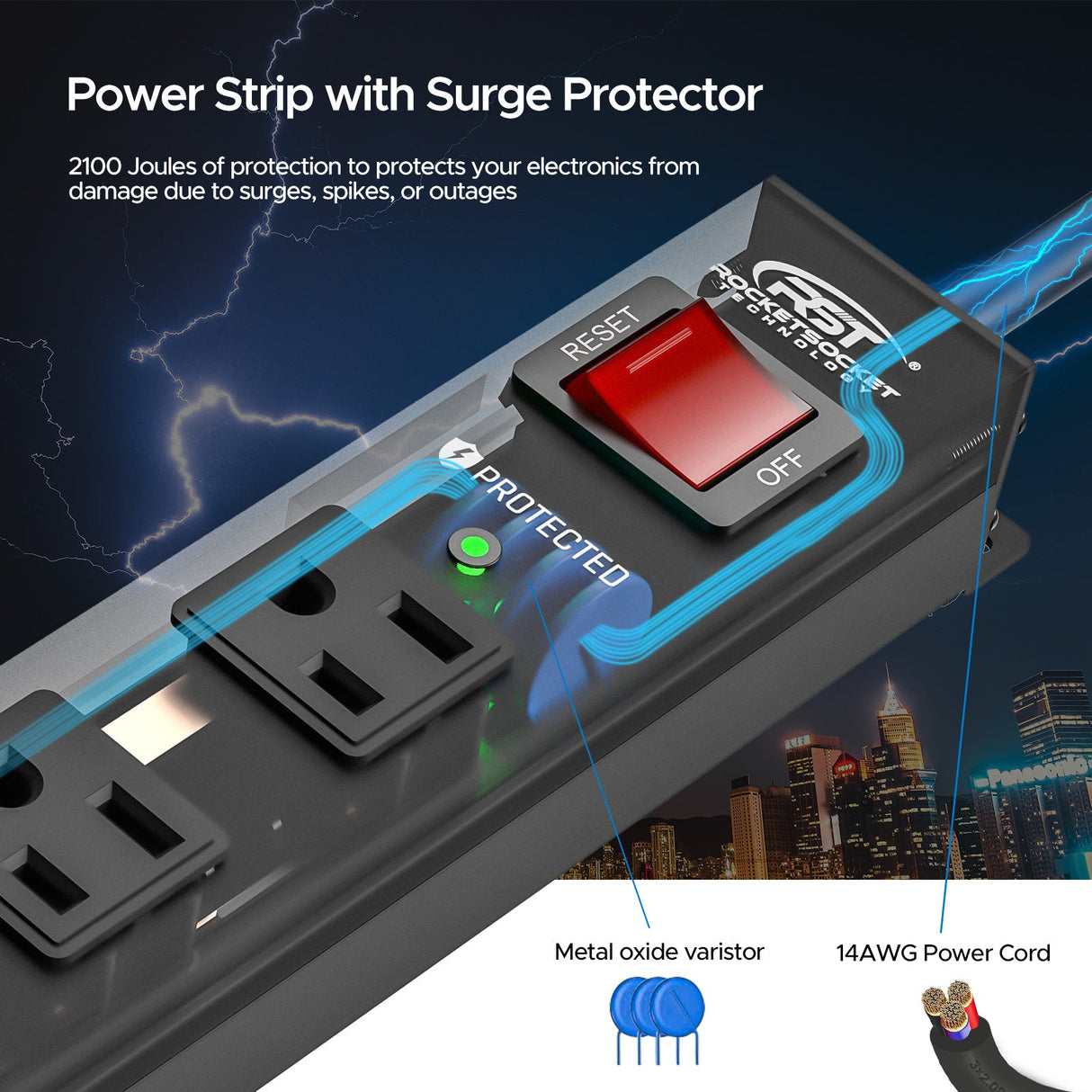 CRST 12 Outlets Wide Spaced Mountable Metal Power Strip Surge Protector, Optional 15FT or 6FT Flat Plug Power Cord