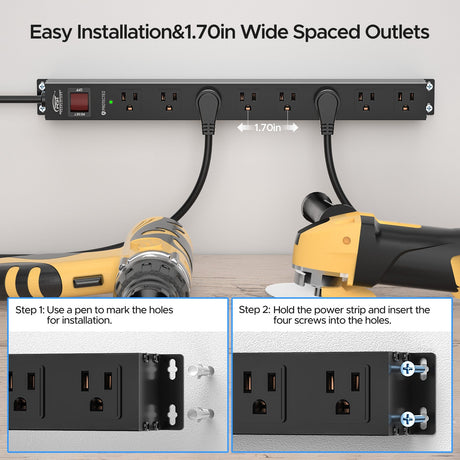 CRST 8 Outlets Wide Spaced Mountable Metal Power Strip Surge Protector, 6FT Flat Plug Power Cord, Mounting Kits Included