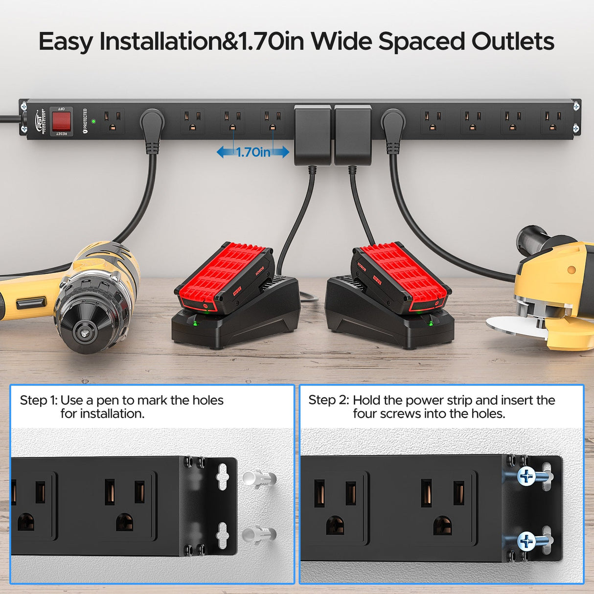 CRST 12 Outlets Wide Spaced Mountable Metal Power Strip Surge Protector, Optional 15FT or 6FT Flat Plug Power Cord