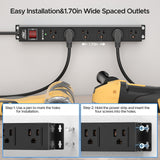 CRST 6 Outlets Wide Spaced Mountable Metal Power Strip Surge Protector, 6FT Flat Plug Power Cord, Mounting Kits Included