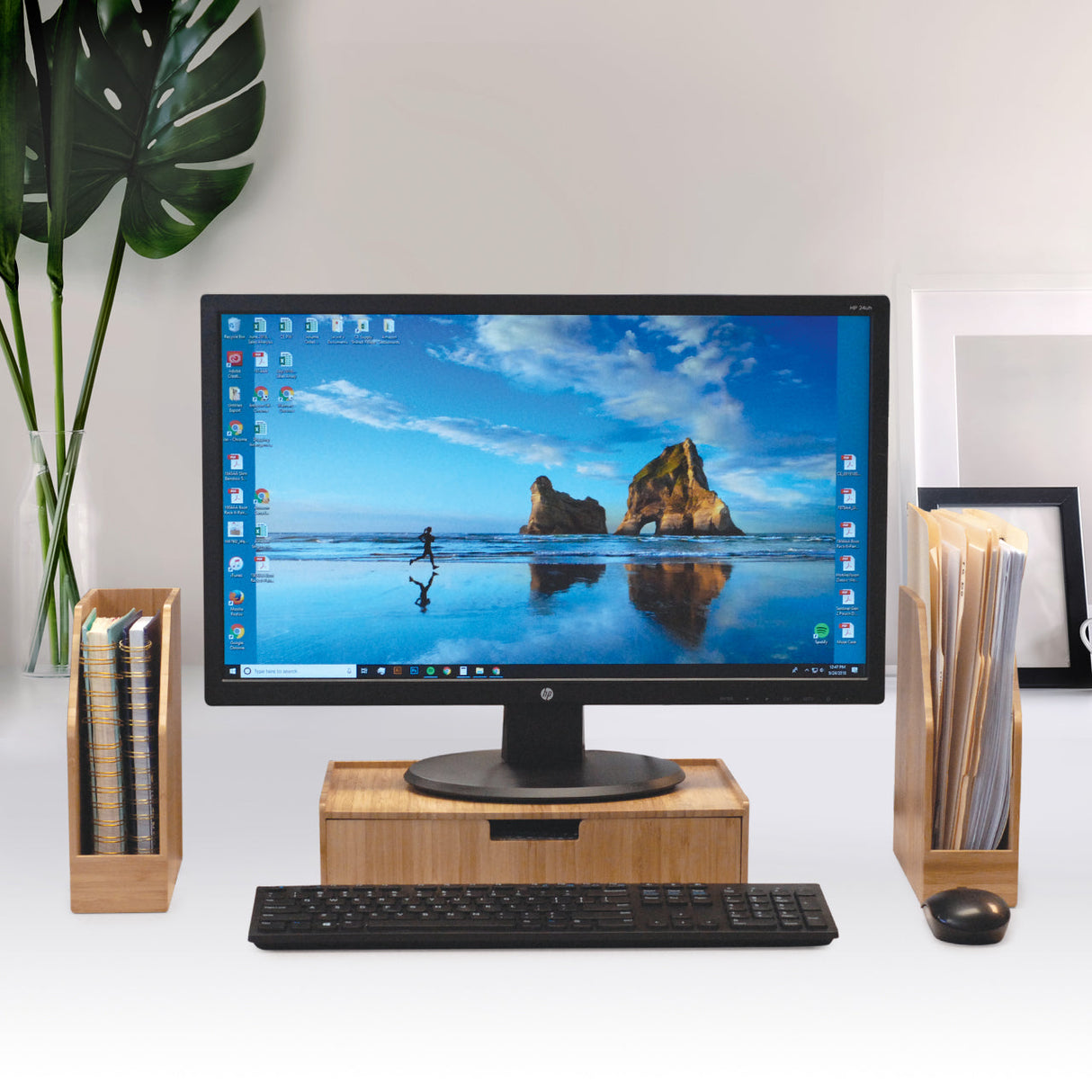Large Bamboo Monitor Stand with Drawer | 13.5" Stackable Desk Organizer for Letter Size Paper