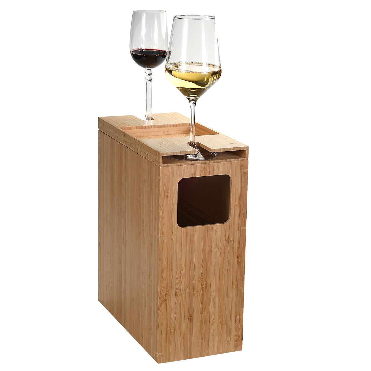 Bamboo Trash Can with Wine Glass Holder Lid | Slim Design Waste Bin & Stemware Caddy | Dual Function Decor for Patio, Living Room & Bedroom