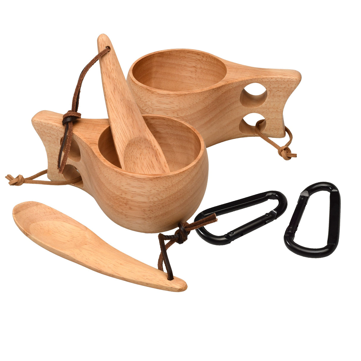Premium Wooden Kuksa Cup Camping Set (Pack of 2) with Spoons & Clips
