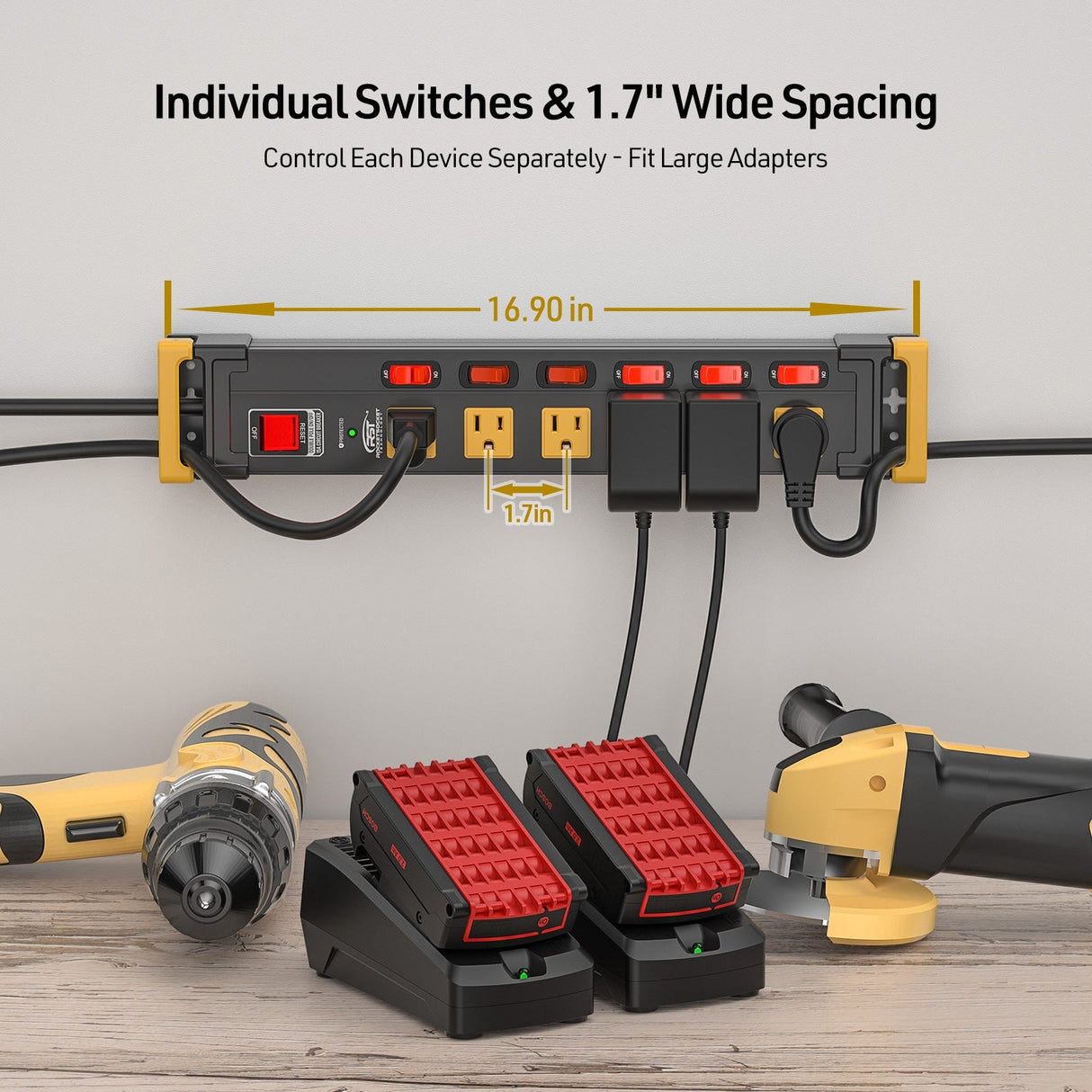 6-Outlet Metal Power Strip with Individual Switches + Dual-Pole Master Switch - Magnadyne