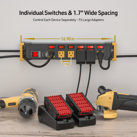 6-Outlet Metal Power Strip with Individual Switches + Dual-Pole Master Switch - Magnadyne