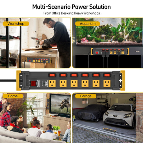 6-Outlet Metal Power Strip with Individual Switches + Dual-Pole Master Switch - Magnadyne