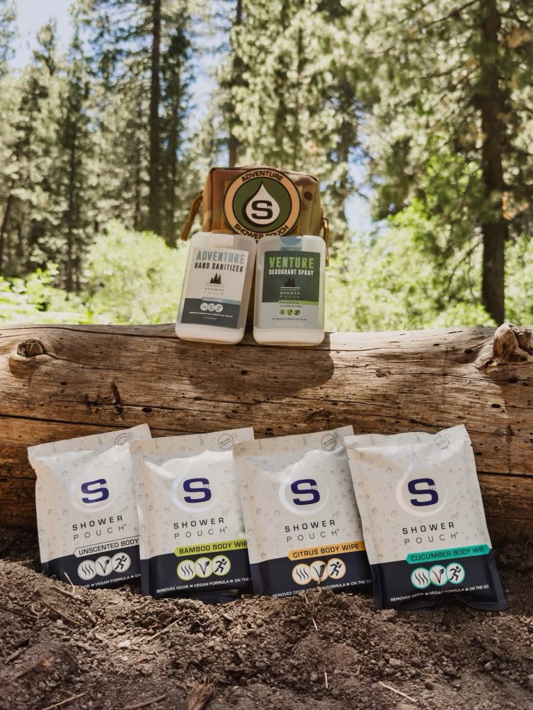 Tactical Molle Zipper Bag + Adventure Sampler Kit: 4 Shower Pouches, 1 Hand Sanitizer, 1 Deodorant