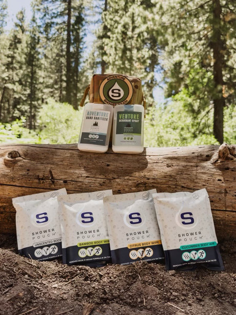 Tactical Molle Zipper Bag + Adventure Sampler Kit: 4 Shower Pouches, 1 Hand Sanitizer, 1 Deodorant