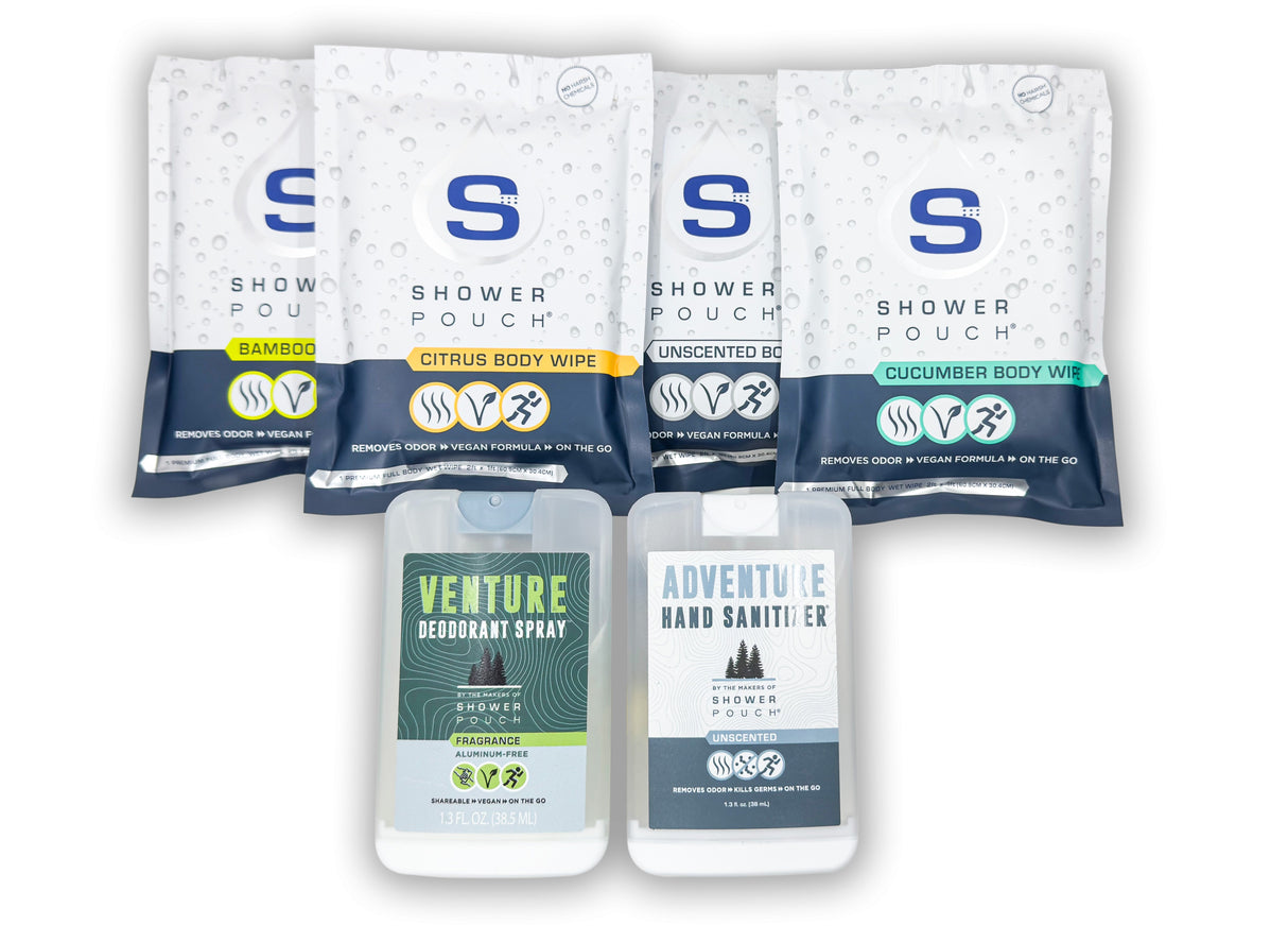 Tactical Molle Zipper Bag + Adventure Sampler Kit: 4 Shower Pouches, 1 Hand Sanitizer, 1 Deodorant