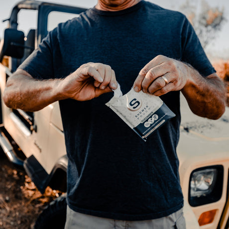 Adventure Sampler Kit: 4 Shower Pouches, 1 Hand Sanitizer (80%), and 1 Deodorant - Magnadyne
