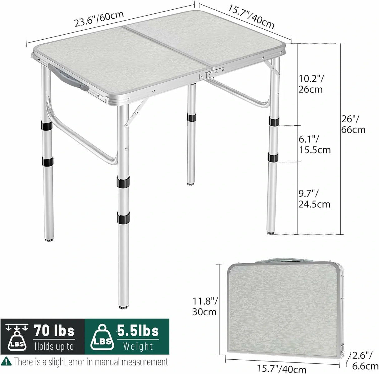 Aluminum Folding Camping Table with Adjustable Height Legs, 2/3/4ft - Magnadyne