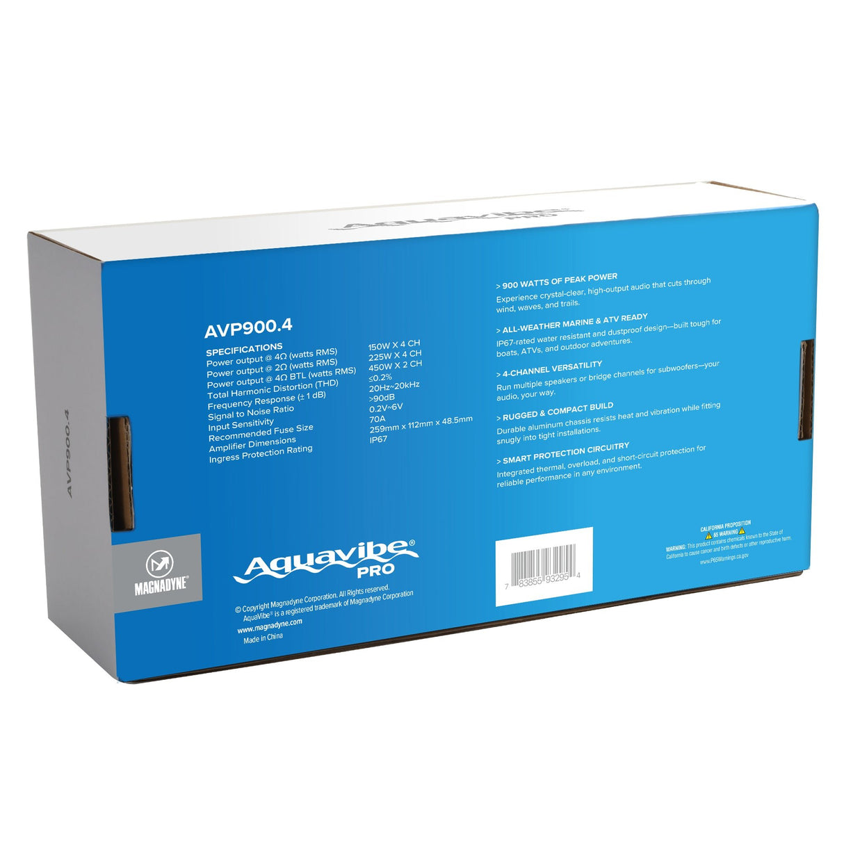 AquaVibe Pro 4 - Channel Class D 900 - Watt Marine Amplifier IP67 Rated - Magnadyne