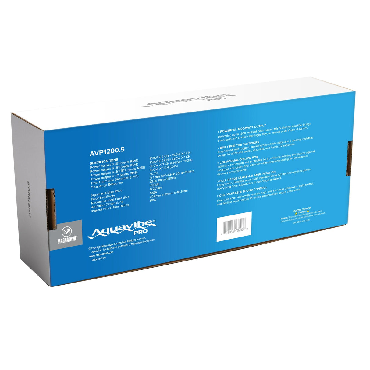 AquaVibe Pro 5 - Channel Class D 1200 - Watt Marine Amplifier IP67 Rated - Magnadyne