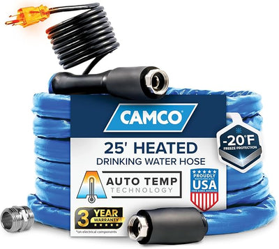 Camco 25 Ft Heated Water Hose for RV - Water Line Freeze Protection Down to - 20°F/ - 28°C - Magnadyne