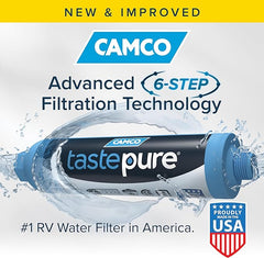 Camco TastePURE RV Water Filter - New & Advanced RV Inline Water Filter with Flexible Hose Protector - Magnadyne