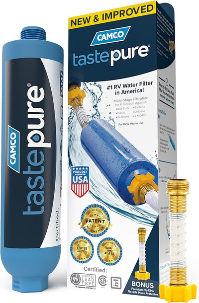 Camco TastePURE RV Water Filter - New & Advanced RV Inline Water Filter with Flexible Hose Protector - Magnadyne