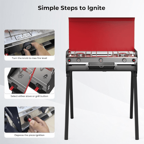 Camplux Propane Camping Stove 2 Burners & 1 Grill, 15,000 BTU Auto-Ignition - Magnadyne