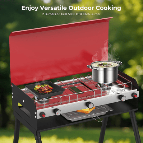 Camplux Propane Camping Stove 2 Burners & 1 Grill, 15,000 BTU Auto-Ignition - Magnadyne