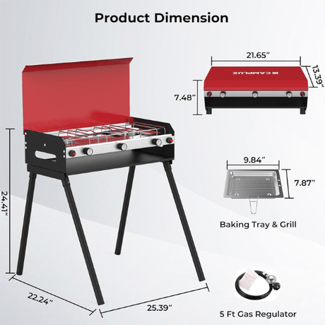 Camplux Propane Camping Stove 2 Burners & 1 Grill, 15,000 BTU Auto-Ignition - Magnadyne