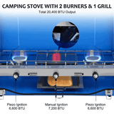Camplux Propane Camping Stove 2 Burners & 1 Grill, 20,400 BTU Auto-Ignition - Magnadyne