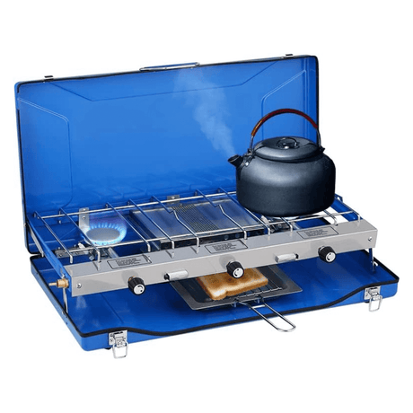 Camplux Propane Camping Stove 2 Burners & 1 Grill, 20,400 BTU Auto-Ignition - Magnadyne