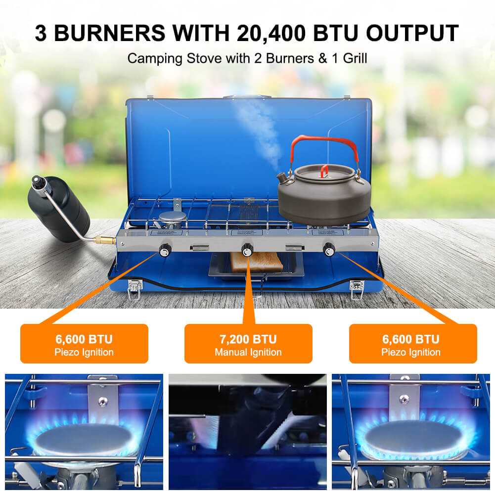 Camplux Propane Camping Stove 2 Burners & 1 Grill, 20,400 BTU Auto - Ignition - Magnadyne