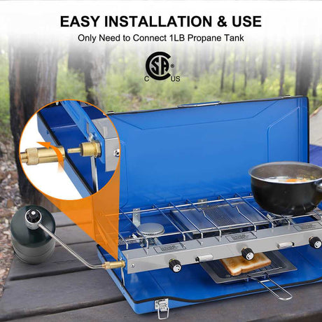 Camplux Propane Camping Stove 2 Burners & 1 Grill, 20,400 BTU Auto - Ignition - Magnadyne