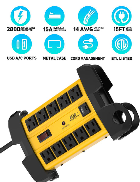 CRST 10-Outlet Heavy Duty Metal Power Strip | USB-C, 2800J Surge, ETL Listed - Magnadyne