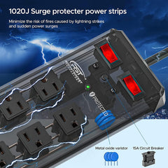 CRST 10 Outlets 1020Joules Heavy Duty Metal Power Strip Surge Protector, 9FT Flat Plug Power Cord - Magnadyne