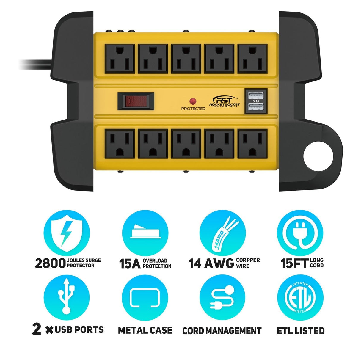 CRST 10 Outlets Dual USB Mountable Heavy Duty Metal Power Strip Surge Protector with Cord Wrapping Design, 15FT Power Cord - Magnadyne