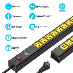 CRST 10 Outlets Dural USB Mountable Heavy Duty Metal Power Strip Surge Protector, 6FT Flat Plug Power Cord, Mounting Brackets Included - Magnadyne