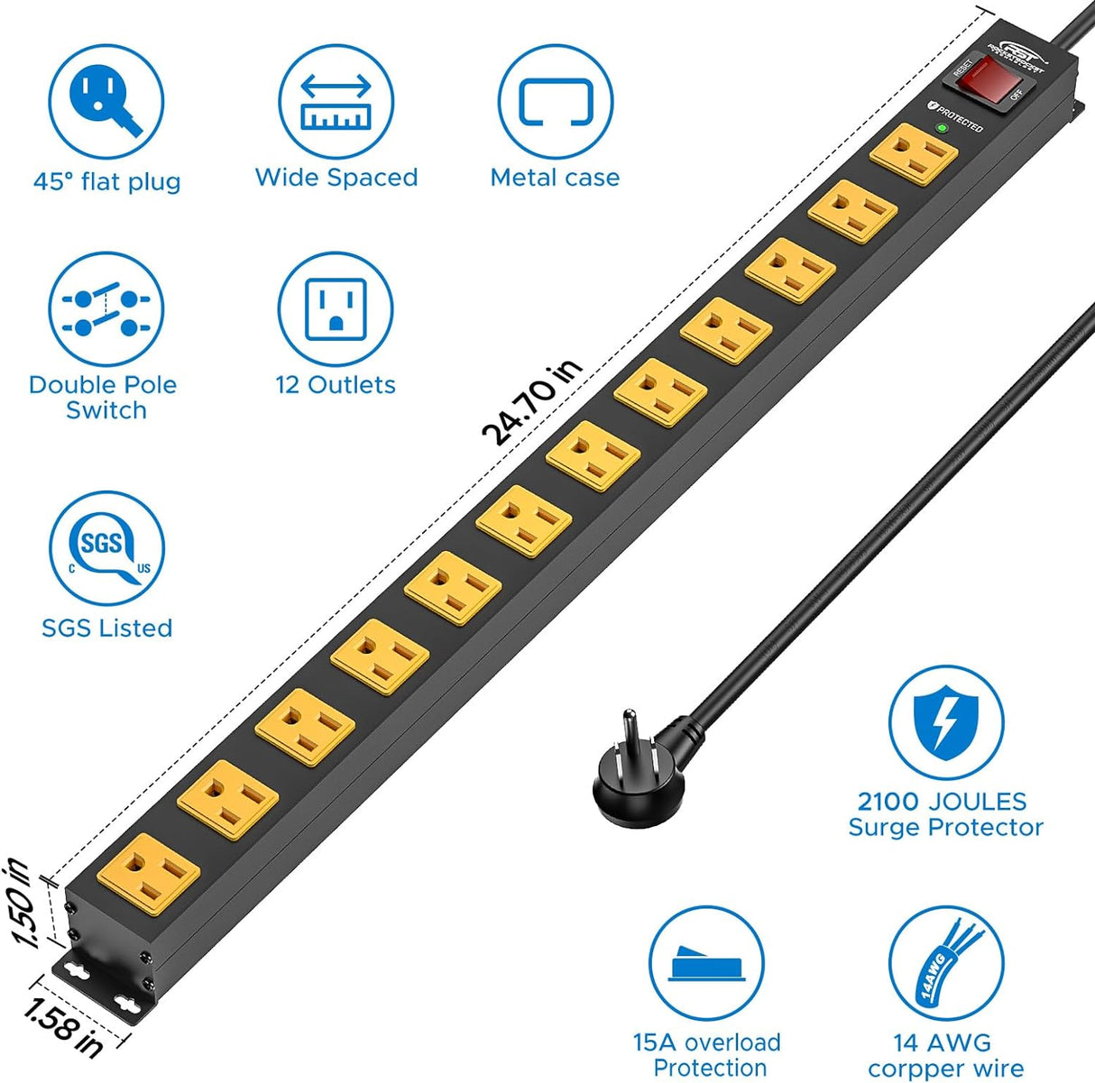 CRST 12 Outlets 2100 Joules Heavy Duty Metal Power Strip Surge Protector, 6FT Extension Power Cord, 15A Circuit Breaker, Mountable - Magnadyne