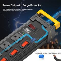 CRST 12 Outlets Individual Switches Power Strip Surge Protector with Cord Holding Design, 9FT Flat Plug Power Cord - Magnadyne