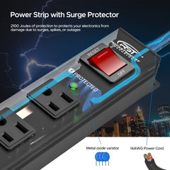 CRST 12 Outlets Wide Spaced Mountable Metal Power Strip Surge Protector, Optional 15FT or 6FT Flat Plug Power Cord - Magnadyne