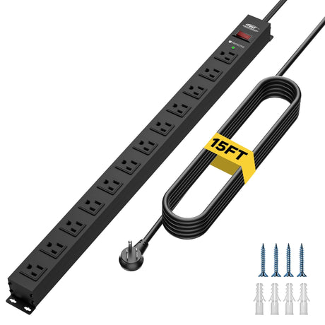 CRST 12 Outlets Wide Spaced Mountable Metal Power Strip Surge Protector, Optional 15FT or 6FT Flat Plug Power Cord - Magnadyne
