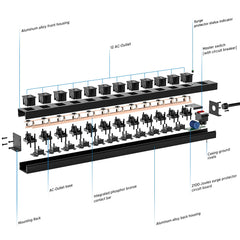 CRST 12 Outlets Wide Spaced Mountable Metal Power Strip Surge Protector, Optional 15FT or 6FT Flat Plug Power Cord - Magnadyne