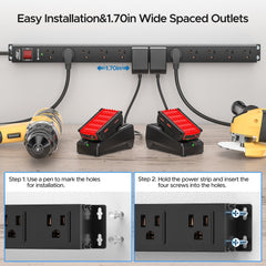 CRST 12 Outlets Wide Spaced Mountable Metal Power Strip Surge Protector, Optional 15FT or 6FT Flat Plug Power Cord - Magnadyne