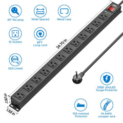 CRST 12 Outlets Wide Spaced Mountable Metal Power Strip Surge Protector, Optional 15FT or 6FT Flat Plug Power Cord - Magnadyne