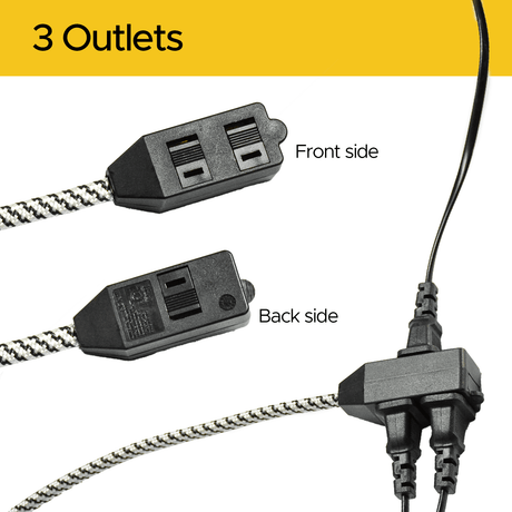 CRST 2-Pack 12ft Braided Flat Extension Cord | 2-Prong, 3-Outlet, Sliding Safety Covers, 45° Flat Plug, 16AWG 13A, ETL Listed - Magnadyne