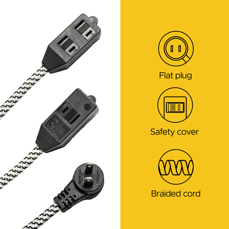 CRST 2-Pack 12ft Braided Flat Extension Cord | 2-Prong, 3-Outlet, Sliding Safety Covers, 45° Flat Plug, 16AWG 13A, ETL Listed - Magnadyne