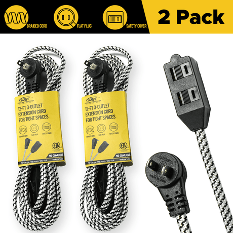 CRST 2-Pack 12ft Braided Flat Extension Cord | 2-Prong, 3-Outlet, Sliding Safety Covers, 45° Flat Plug, 16AWG 13A, ETL Listed - Magnadyne